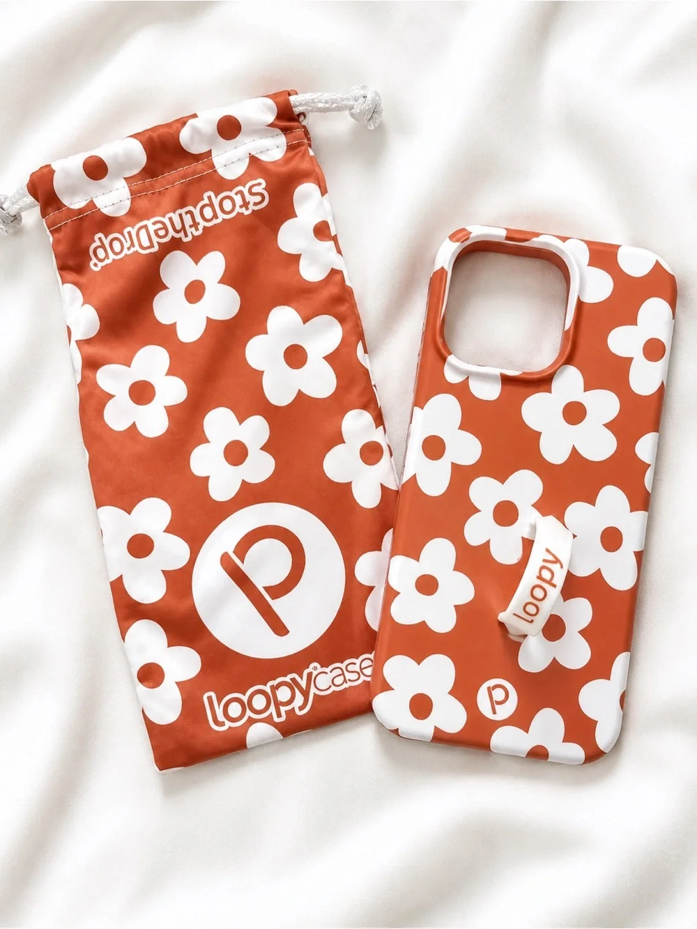 Loopy Case Orange & White Floral Phone Case with Pouch iPhone 15pro max